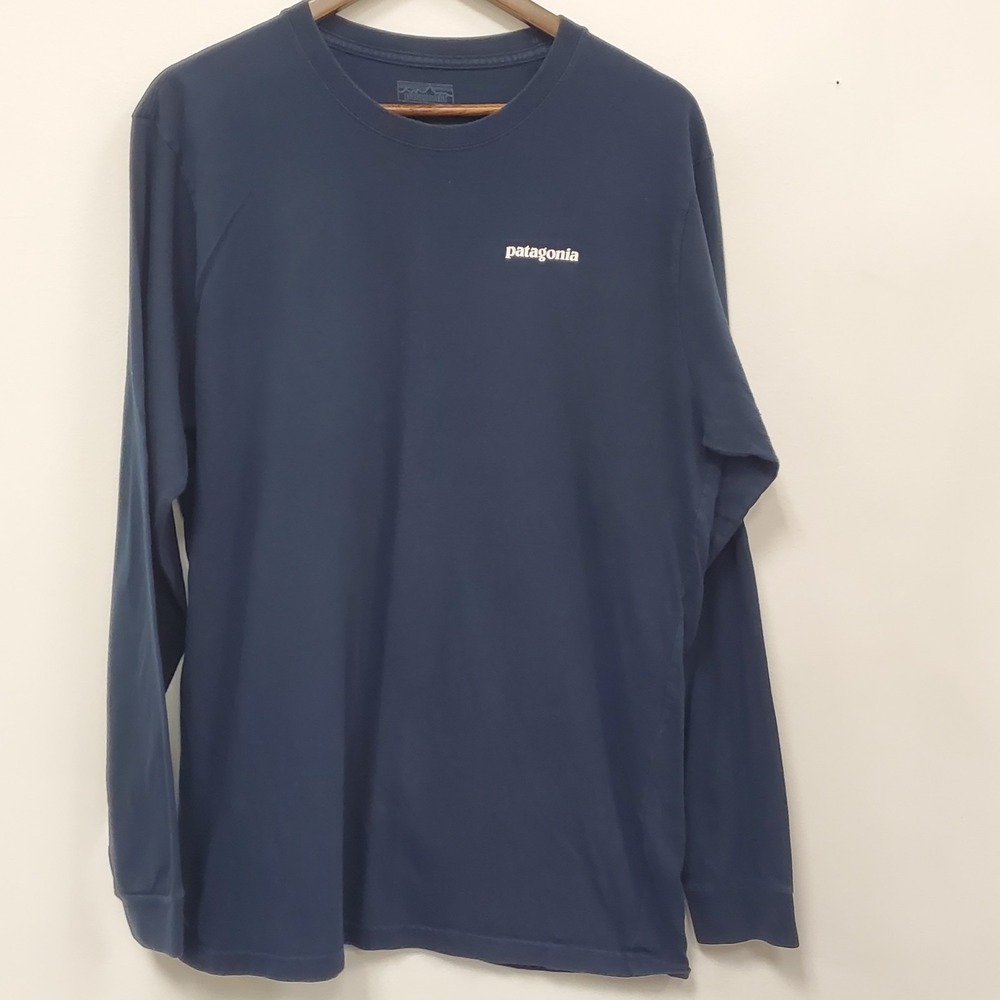 Patagonia Men Regular Fit Long Sleeve Graphic T Shirt Size L Blue Organic Cotton